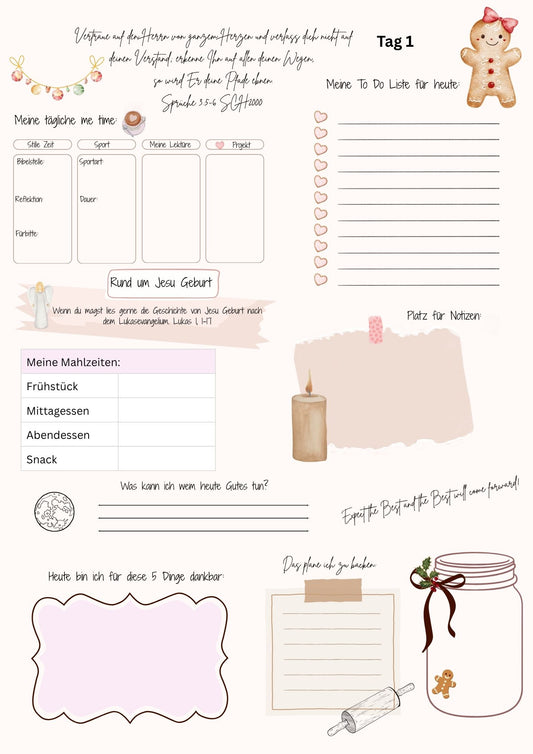 7 Tage Planer für Christen zur Weihnachzeit m. tgl Bibelversen, Wochenrückblick, Platz für Notizen + Ideen, A 4 pdf, 12 Seiten + 2 Seiten Boni