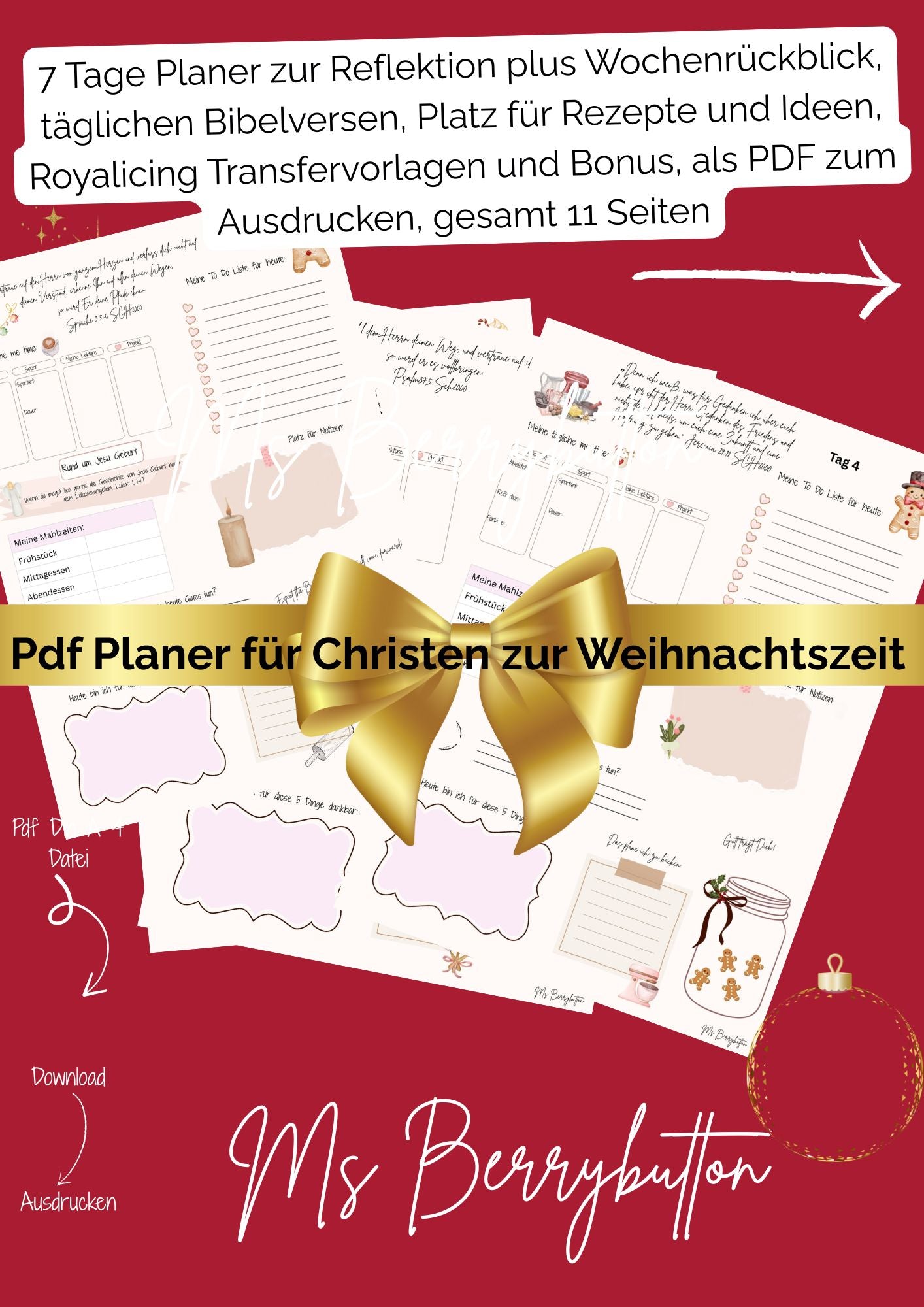 7 Tage Planer für Christen zur Weihnachzeit m. tgl Bibelversen, Wochenrückblick, Platz für Notizen + Ideen, A 4 pdf, 12 Seiten + 2 Seiten Boni