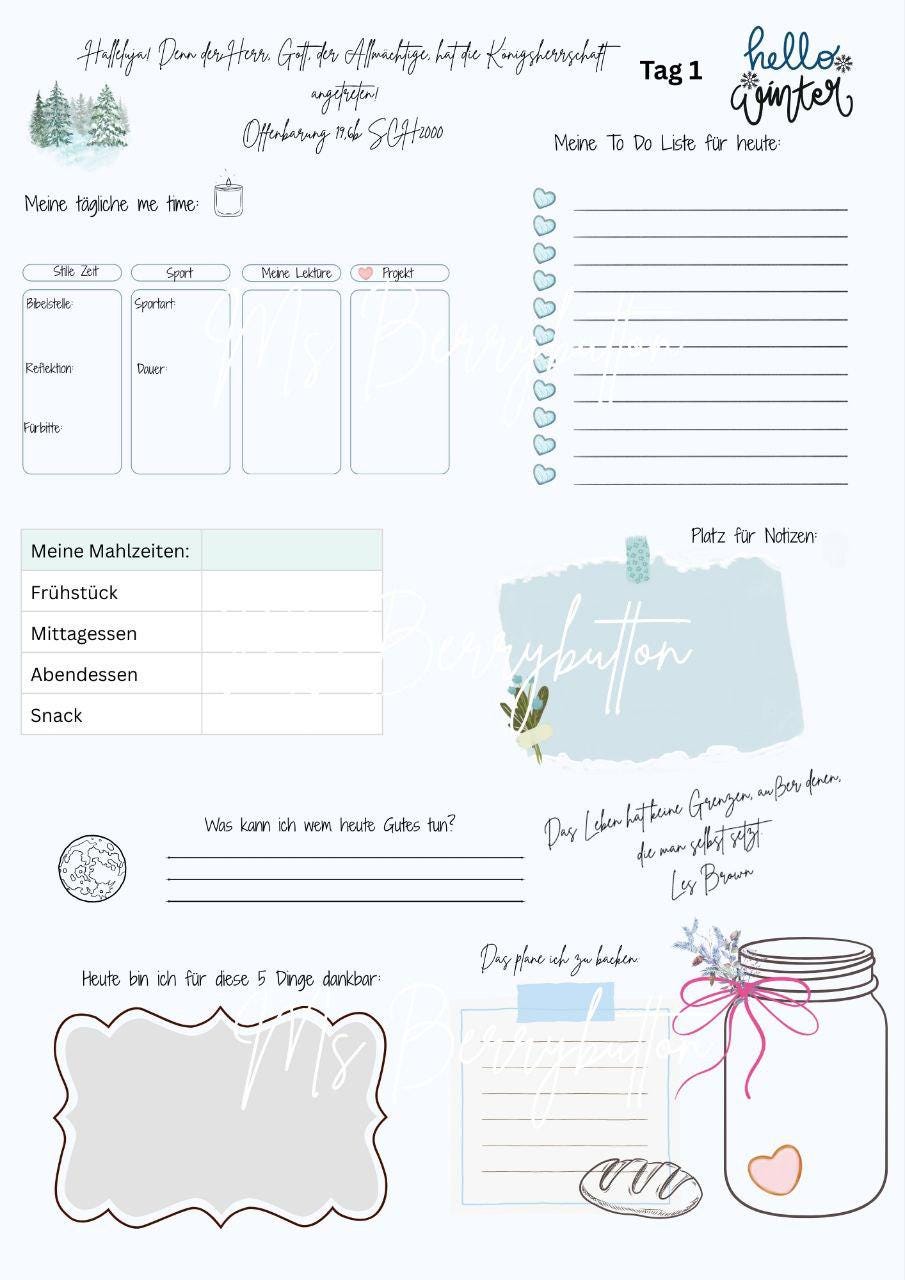 7 Tage Planer für Christen zur Winterzeit m. tgl Bibelversen, Wochenrückblick, Platz für Notizen + Ideen, A 4 pdf, 11 Seiten + 2 Seiten Boni
